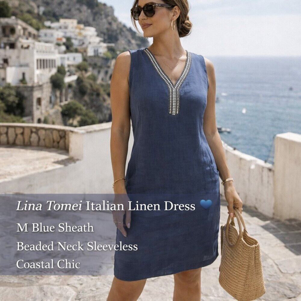 Lina Tomei Italian Linen Dress M Blue Sheath Beaded Neck Sleeveless Coastal Chic